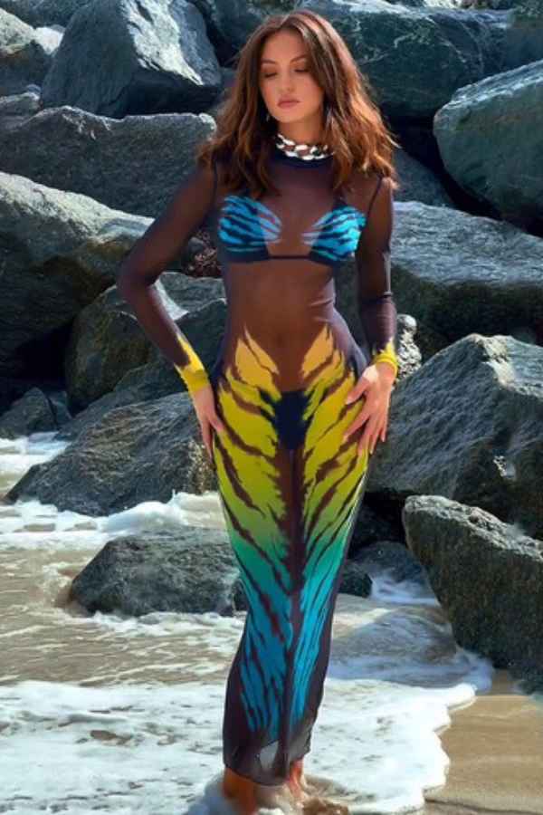 Sexy 3D Print See-Through Mesh Long Sleeve Maxi Dress image 2