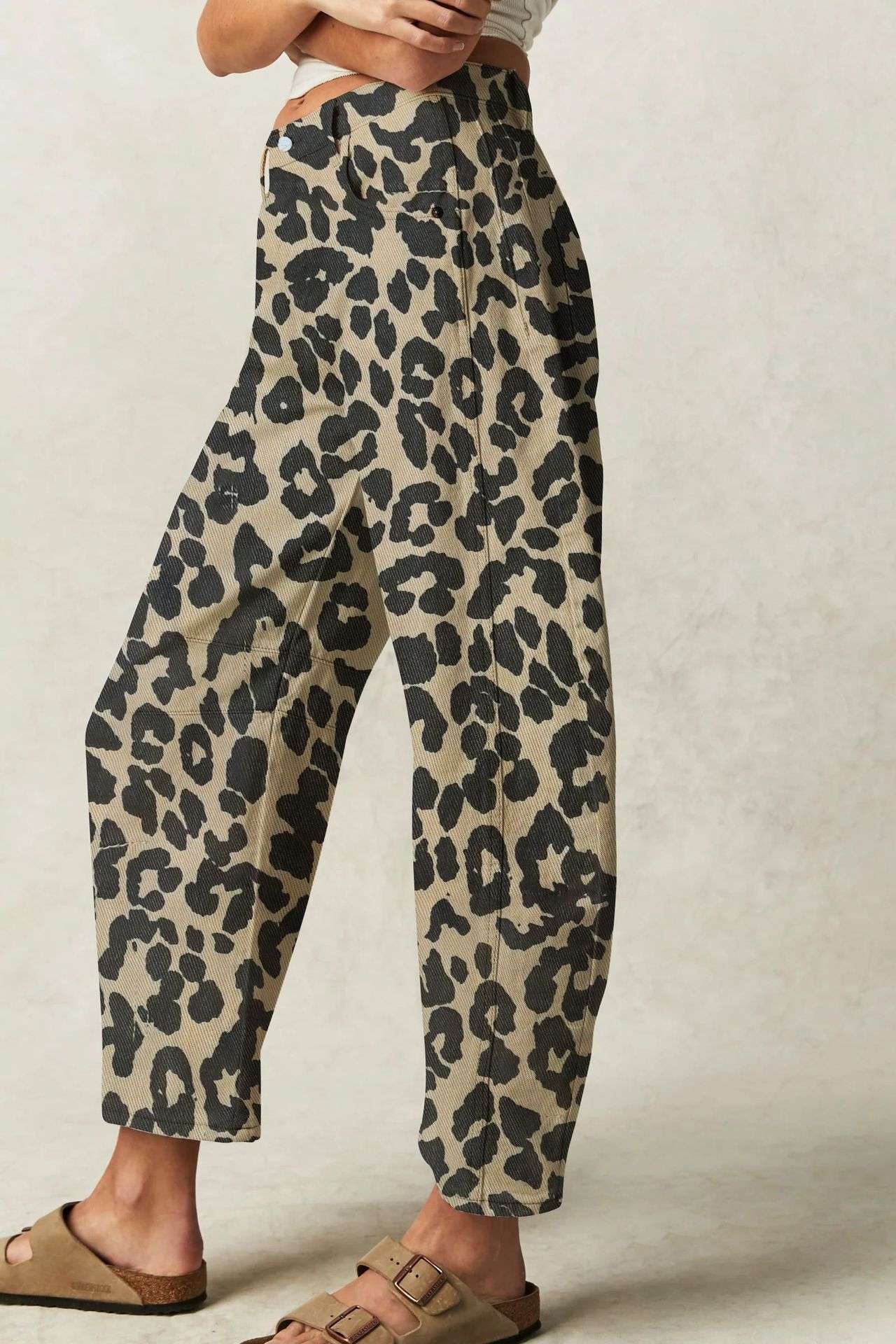High-Waisted Leopard Print Wide-Leg Pants - XL, Multi Beige image