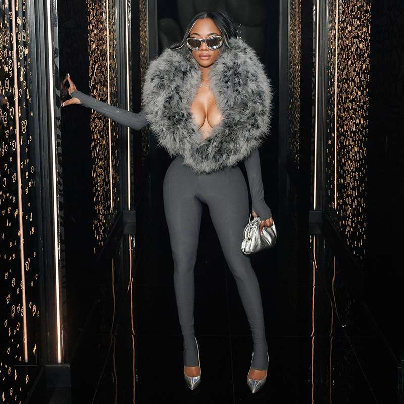 Glamorous-Fitting Jumpsuit with Faux Fur Collar - S, Grey image