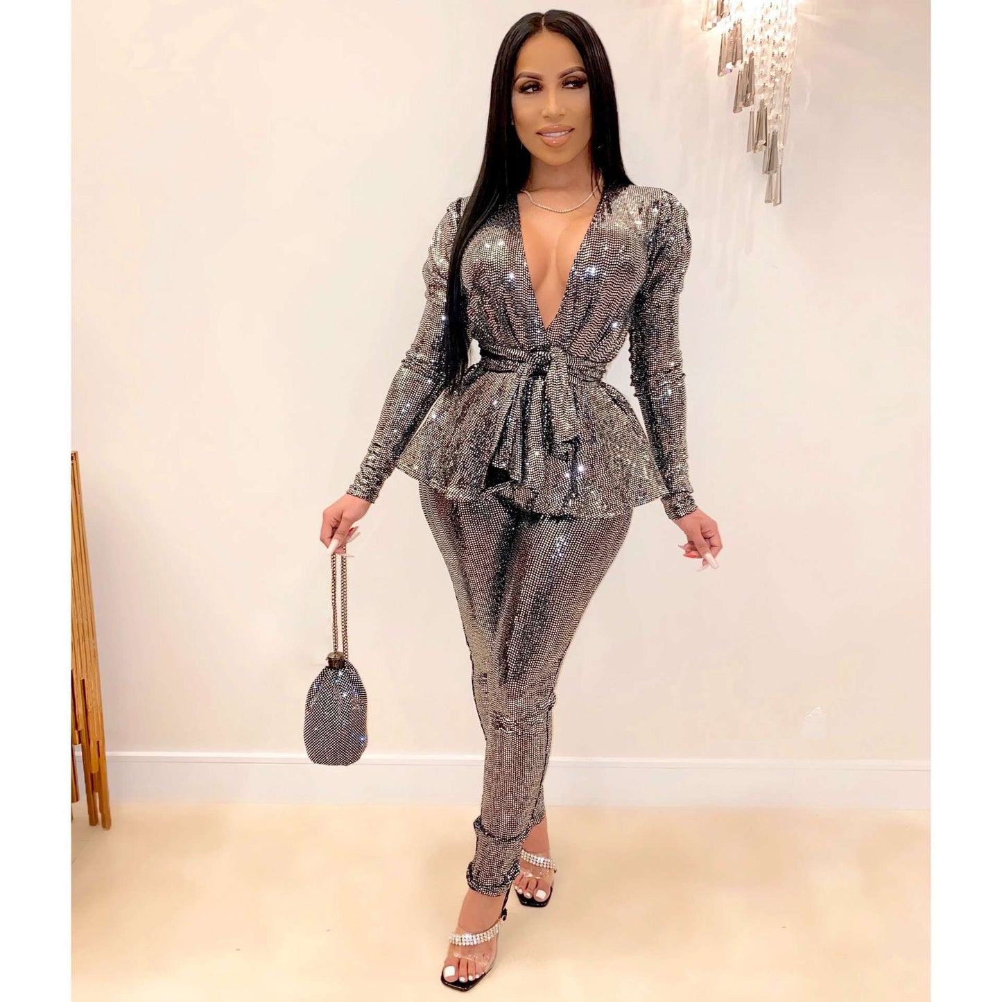 Sequin Long Sleeve Ruffle Hem Suit image 1