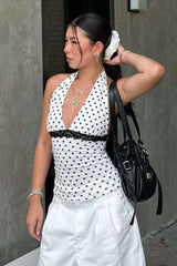 Polka Dot Halter Top with Lace Waist Detailing - White, S image