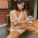 V neck Striped Loose Casual Pullover Top - S, Light Fawn Beige image