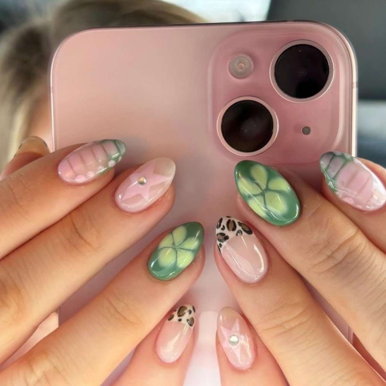 Elegant Manicure with Leaf and Animal Print Nail Art - Free Size, Green image