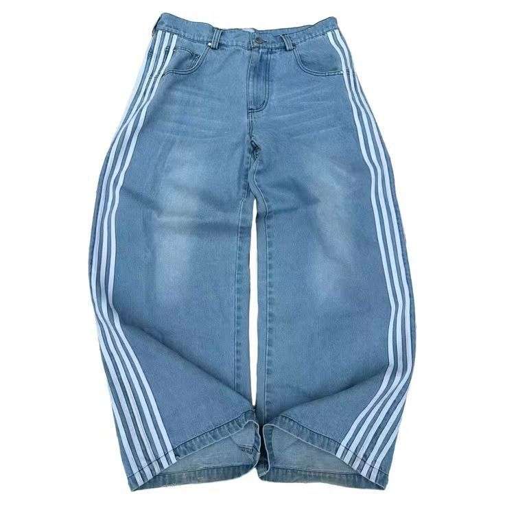 Korean Casual Stripped Straight Leg Pants - L, Blue image