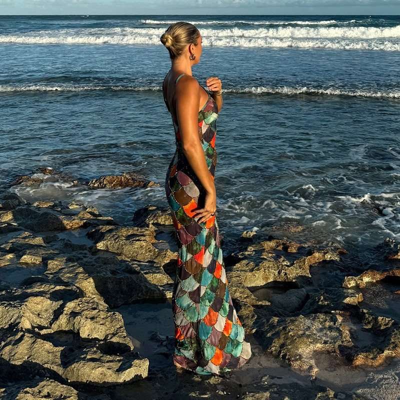 Multicolor Mermaid Scale Halter Maxi Dress image 2