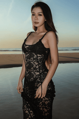 One-line Collar See-through Lace Slim Suspender Dress image 1