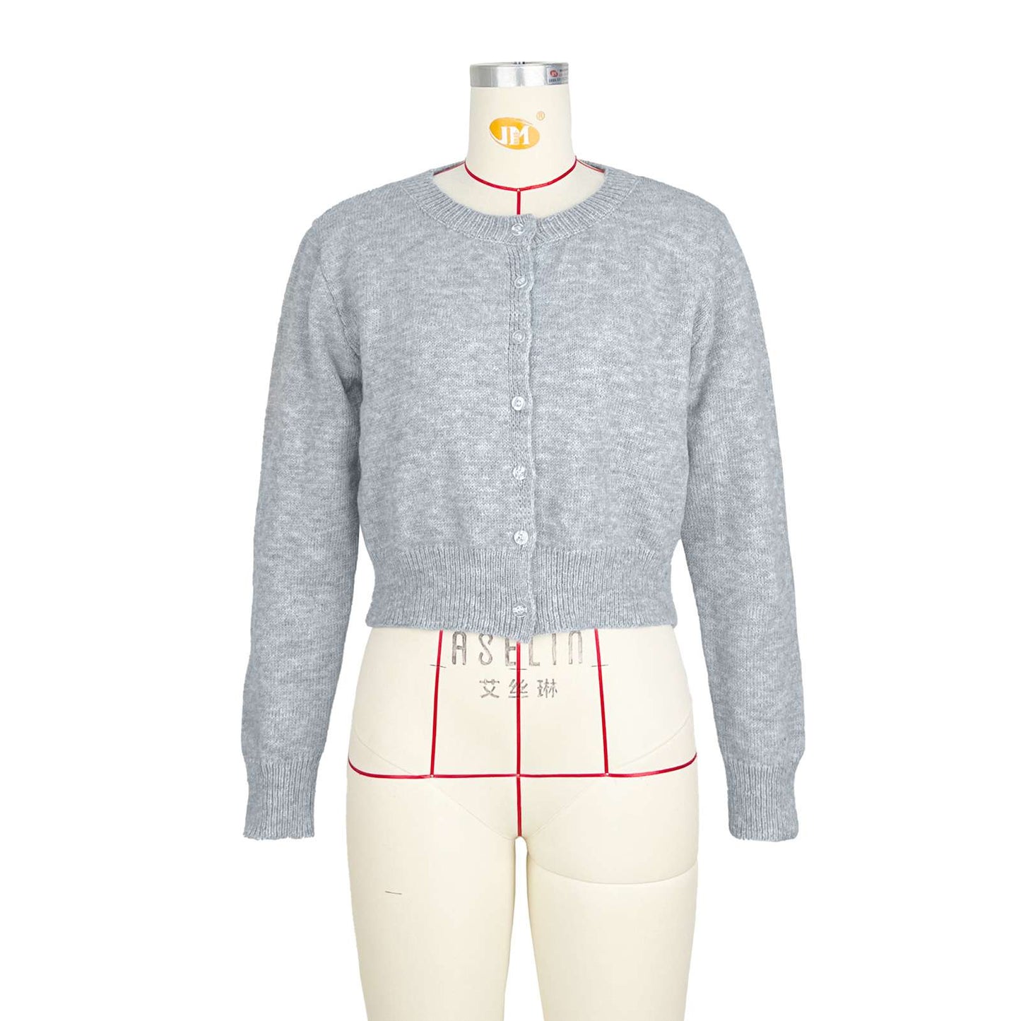 Button Down Cropped Cardigan Sweater - S, Light Grey image