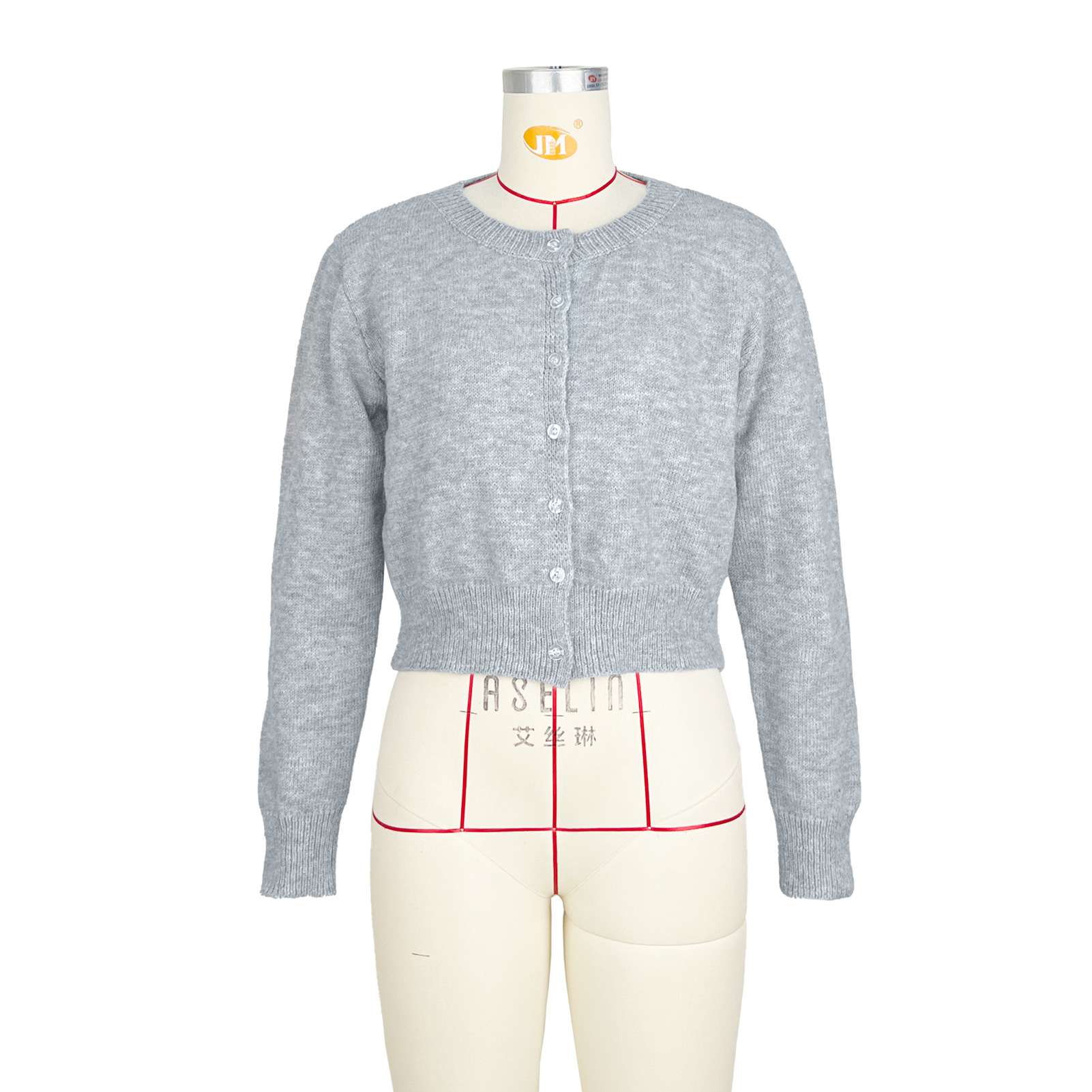 Button Down Cropped Cardigan Sweater - S, Light Grey image