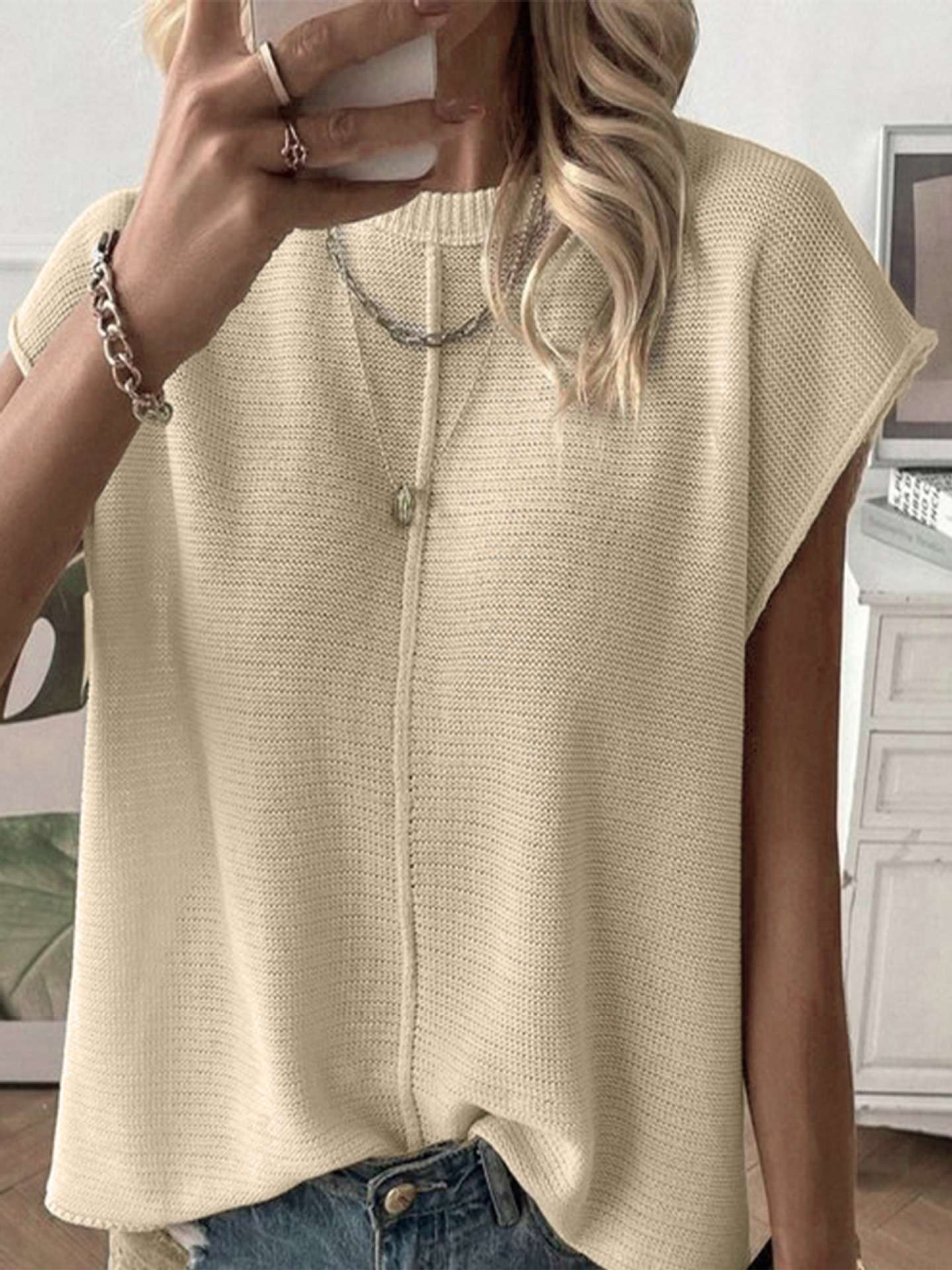 Knit Vest Sweater Crew Neck Loose Fit Cap Sleeve Loose Top image 3