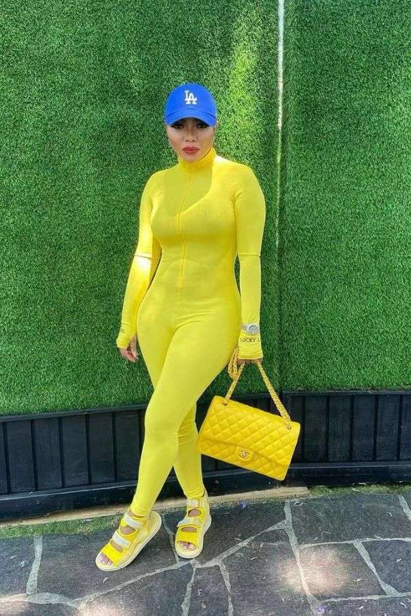 High Neck Zipper Long Sleeve Jumpsuit - M, Yellow image