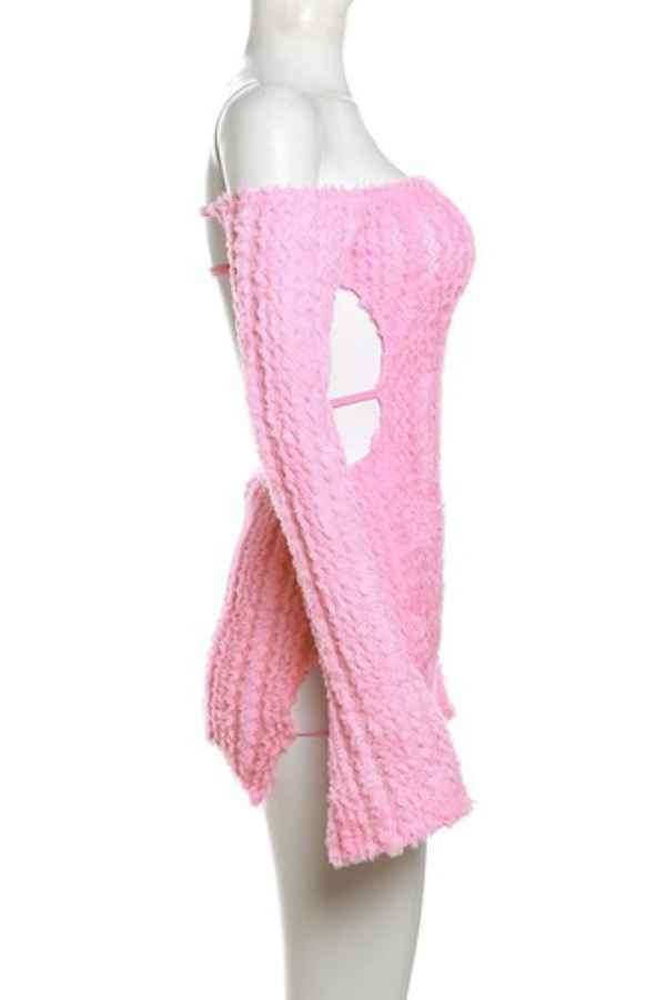 Sexy Off Shoulder LongSleeve Backless Fluffy Mini Dress image 4