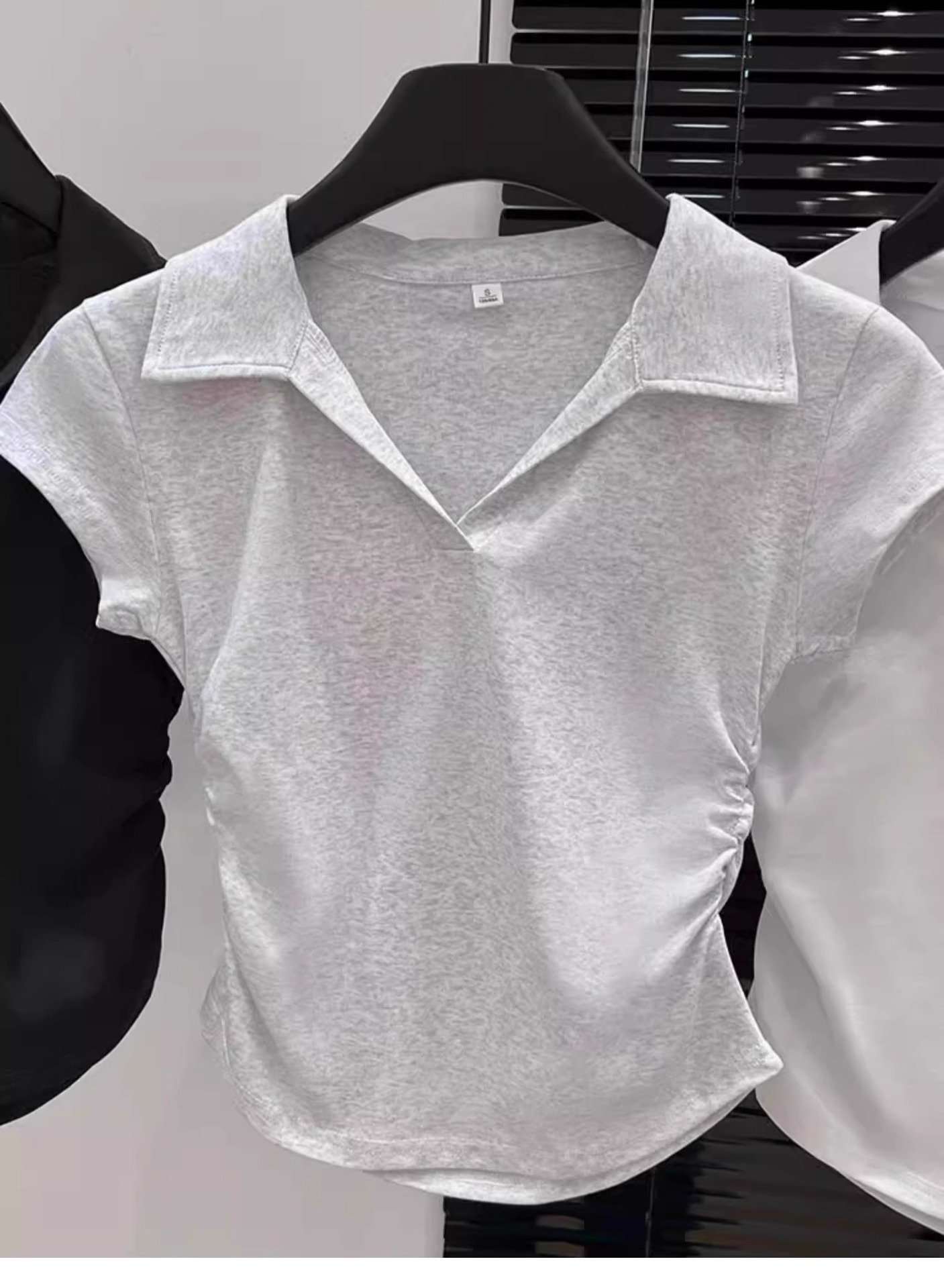 Ruched Polo Crop Top - L, Light Grey image