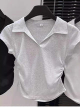 Ruched Polo Crop Top - L, Light Grey image