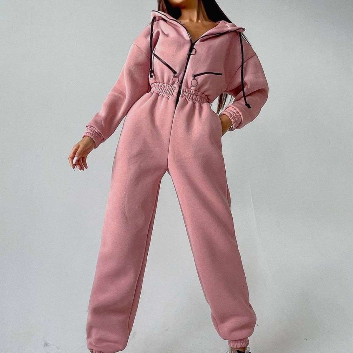Zipper Jumpsuit Hoodies One Piece Outfit - S, Nude Pink image