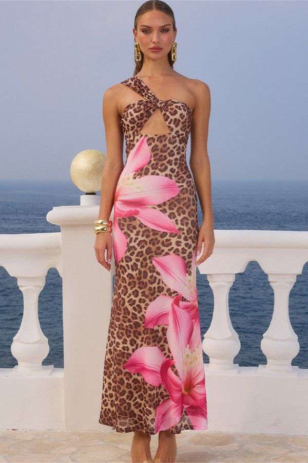 One-Shoulder Leopard Floral Maxi Dress image 0