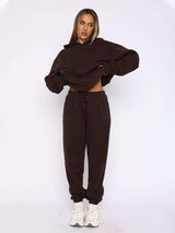 Solid Hooded Pullover Pants Street Suit - M, Bronze Brown image