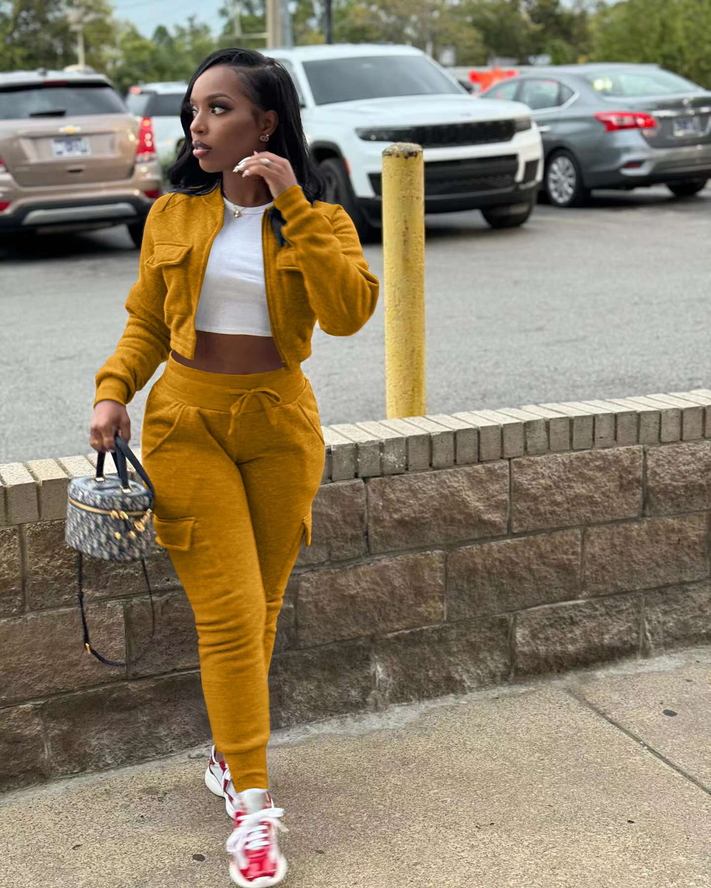 Baseball Collar Crop Zipper Sweatshirt Sweatpants Set - XL, Orange image