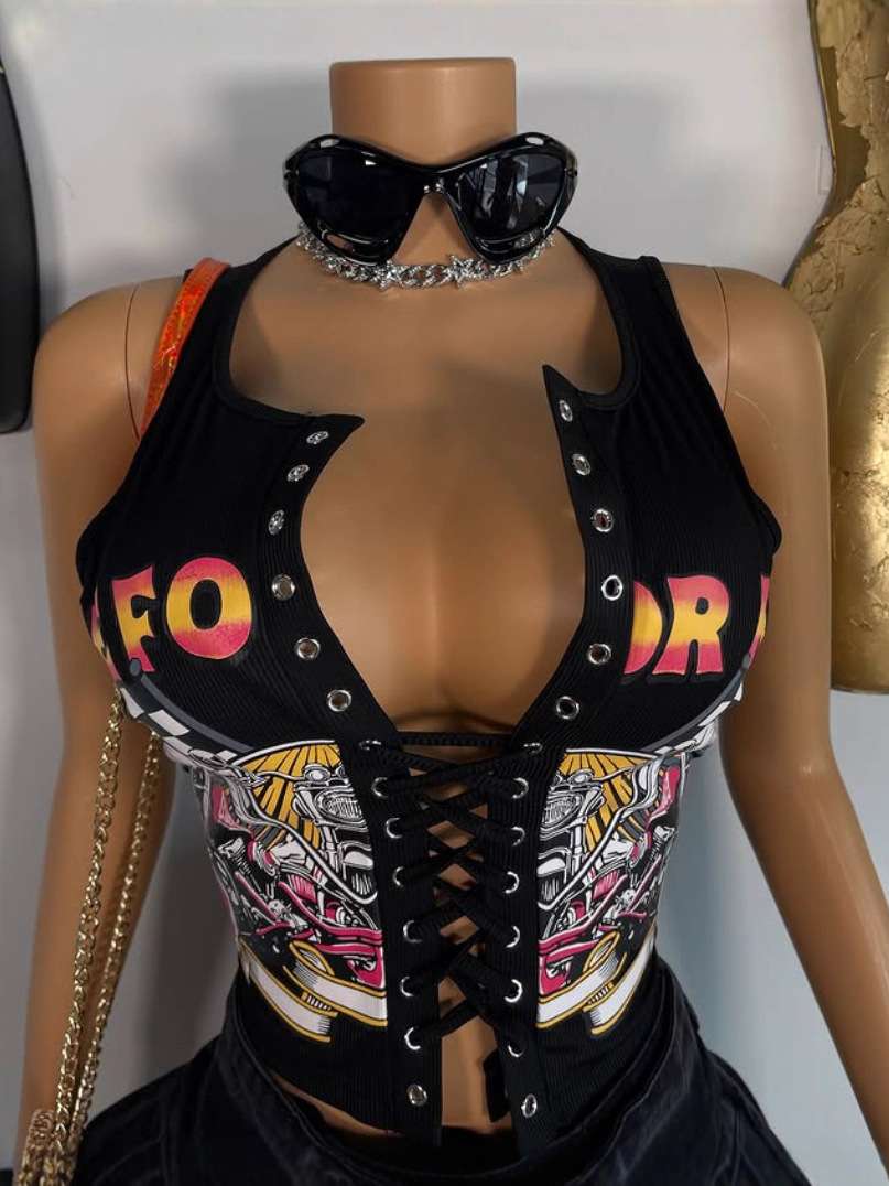 Lace-Up Graphic Print Crop Top image 0