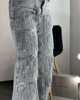 Sequin Fringed Straight-Leg Jeans - M, Blue image
