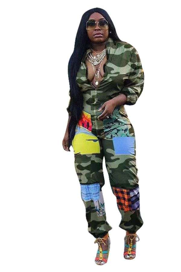 Printed Front Zipper Patchwork Jumpsuit - Army Green, XL image
