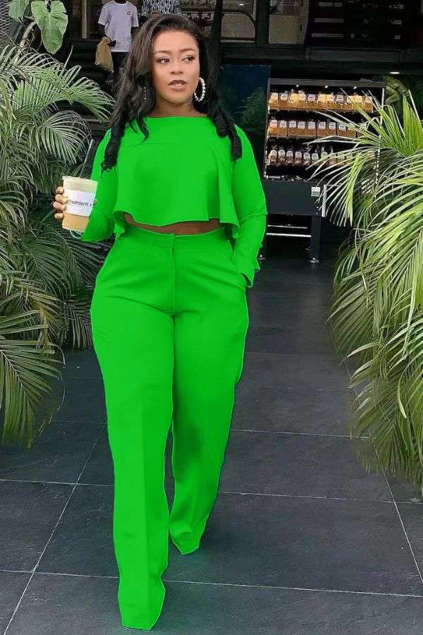 Crop Top Loose Pants Two Piece Casual Suits - S, Neon Green image