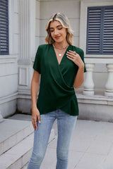 Elegant Draped Short-Sleeve Top - L, Green image