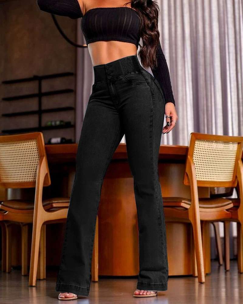 High-Waisted Flared  Jeans - S, Black image