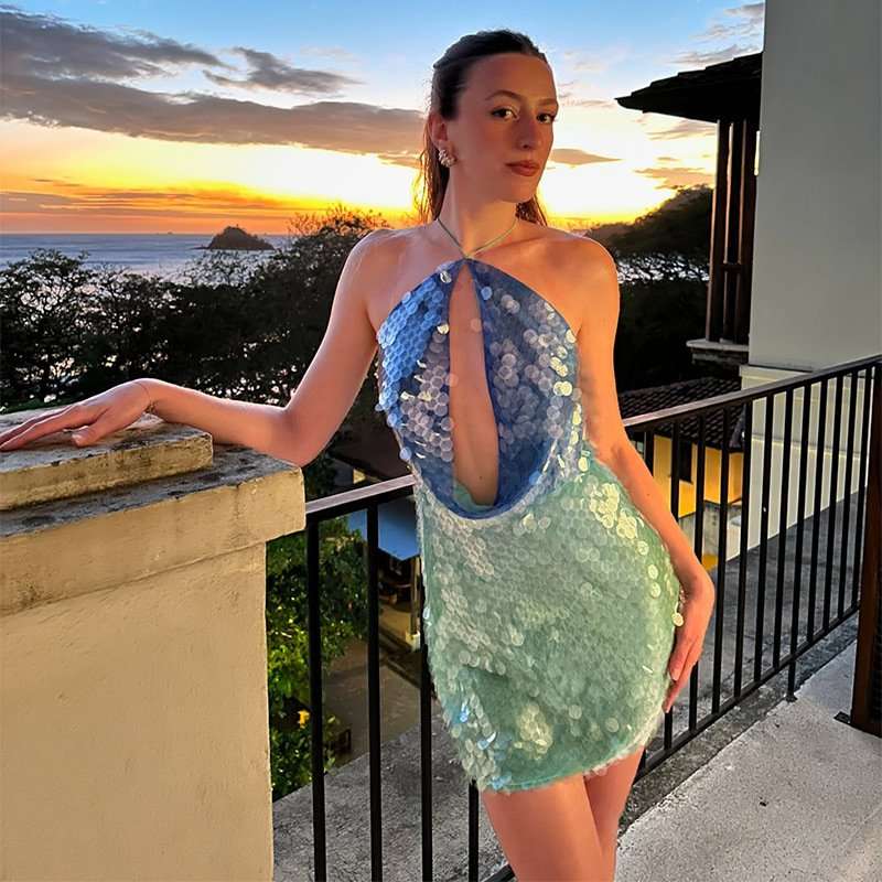 Sequin Plunge Mini Dress - M, Multi Green image