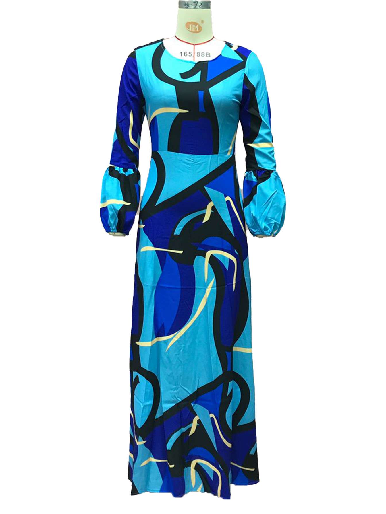 Blue Long Sleeve Abstract Patchwork Winter Fall Dress image 3