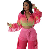 Boho Fringed Knit Two Piece Set - M, Pink image