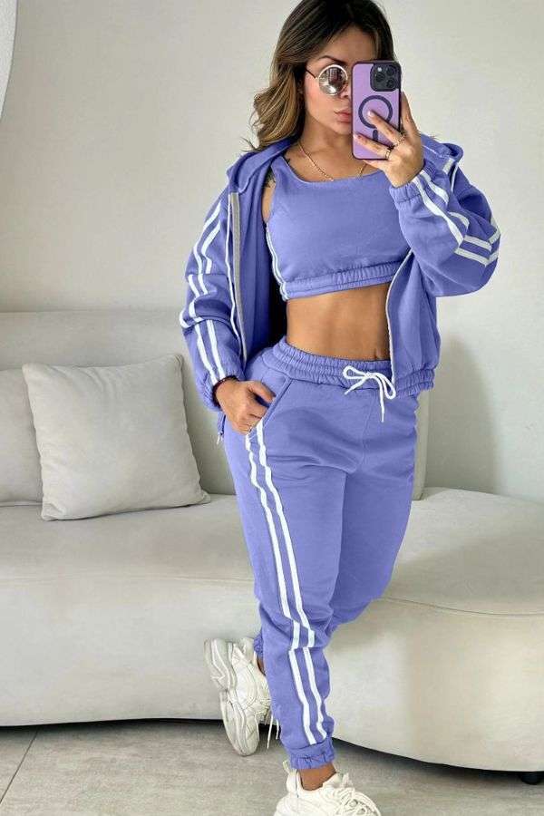 Striped Trim Tank Hooded Pants 3 Piece Sets image 5