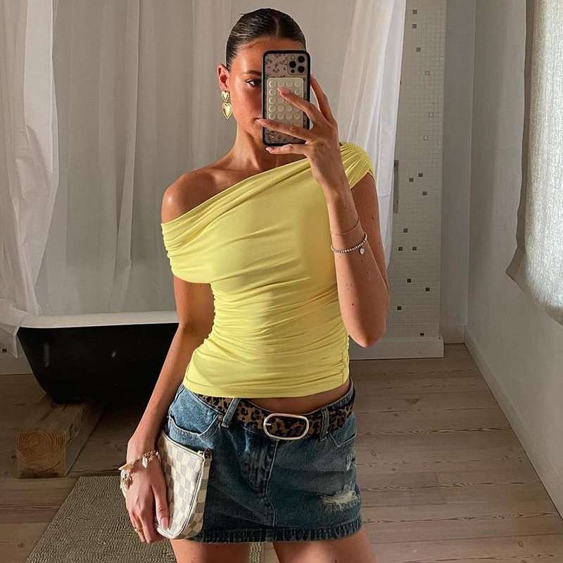 Solid Off Shoulder Top - S, Yellow image