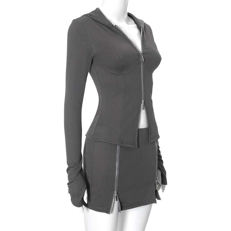 Ribbed Hooded Crop Jacket Skirt Set image 2