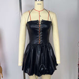 Black Faux Leather Lace-Up Corset Mini Dress image 3