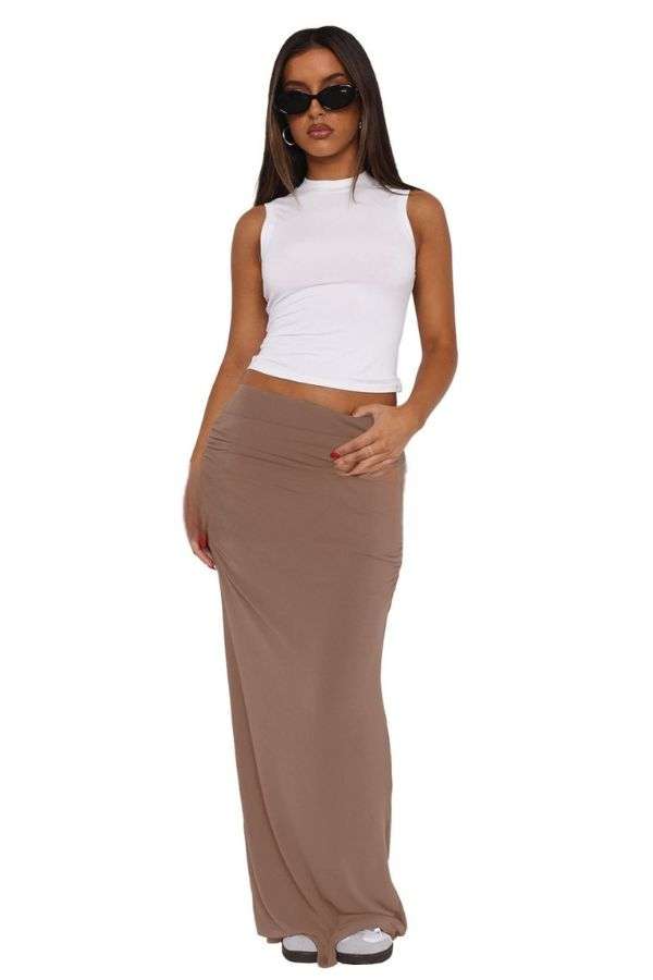 Low waist pleated straight long skirt - S, Brown image