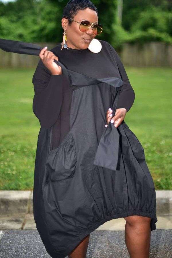 Short Sleeves Loose Patchwork Dress - M, Black image