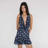 Polka Dot Sleeveless Dress with Ruffled Hem - S, Blue image