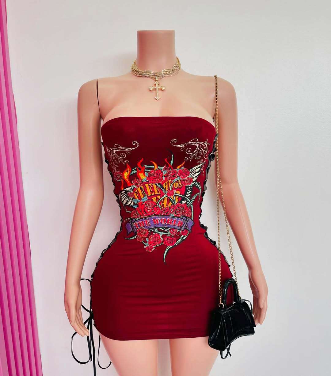 Strapless Graphic Bodycon Mini Dress - L, Red image