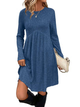 Ribbed Long Sleeve A-Line Dress - S, Blue image