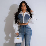 Cropped Patchwork Flared Shirt Blouse - L, Multi Blue image