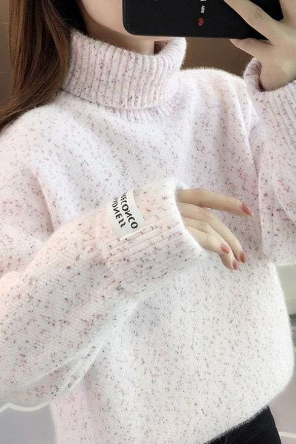 Mock-Neck Knitting Sweater Pullover - M, Light Pink image