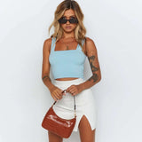 Square Neck Sleeveless Ribbed Crop Top - M, Sky Blue image
