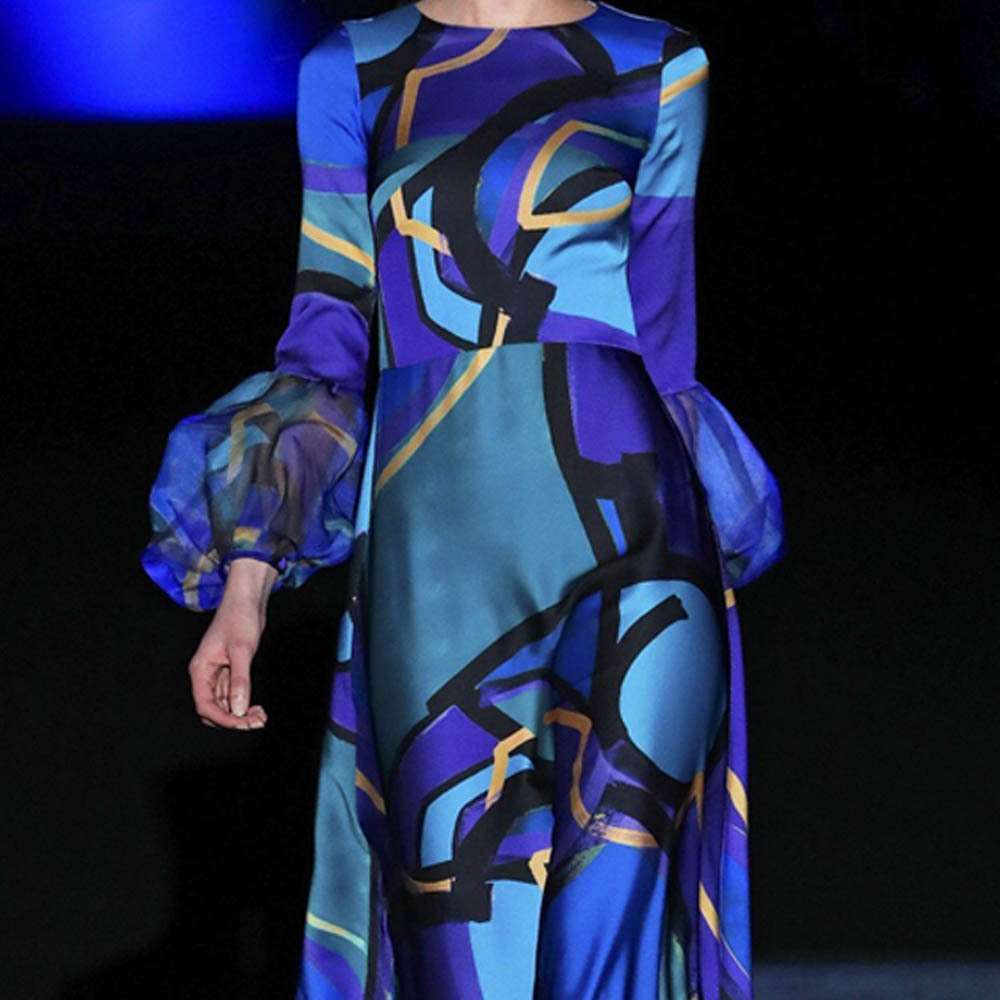 Blue Long Sleeve Abstract Patchwork Winter Fall Dress image 1