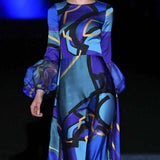 Blue Long Sleeve Abstract Patchwork Winter Fall Dress image 1