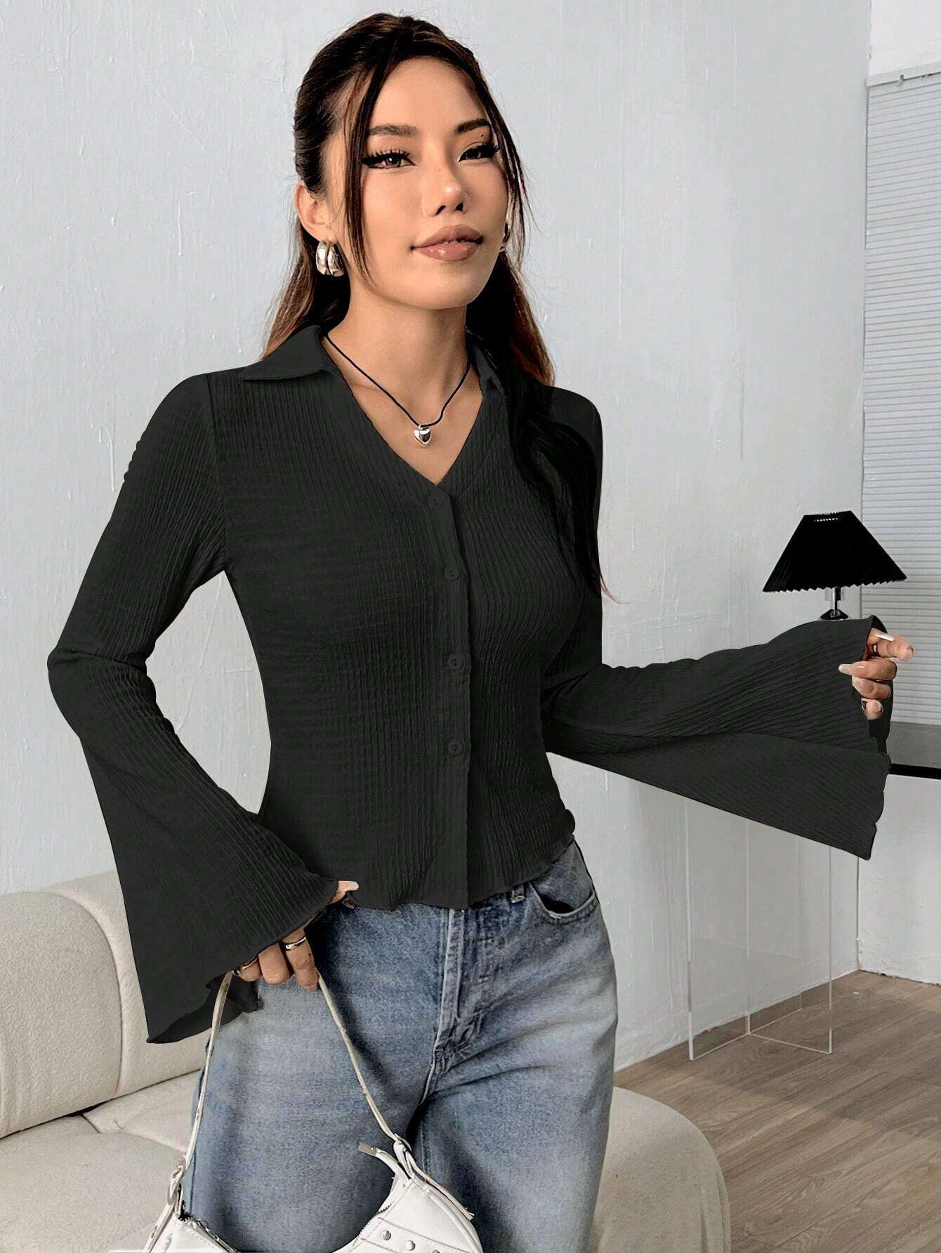 Ribbed Bell Sleeve Blouse with V-Neck image 0