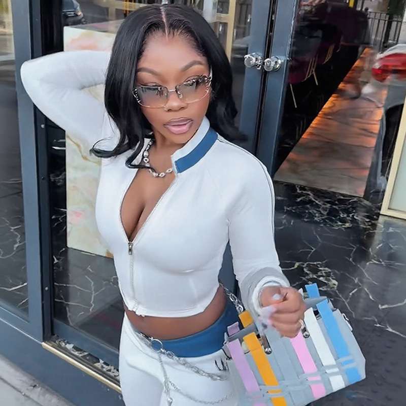 Zip-Up Cropped Jacket with Trim - S, Blue image