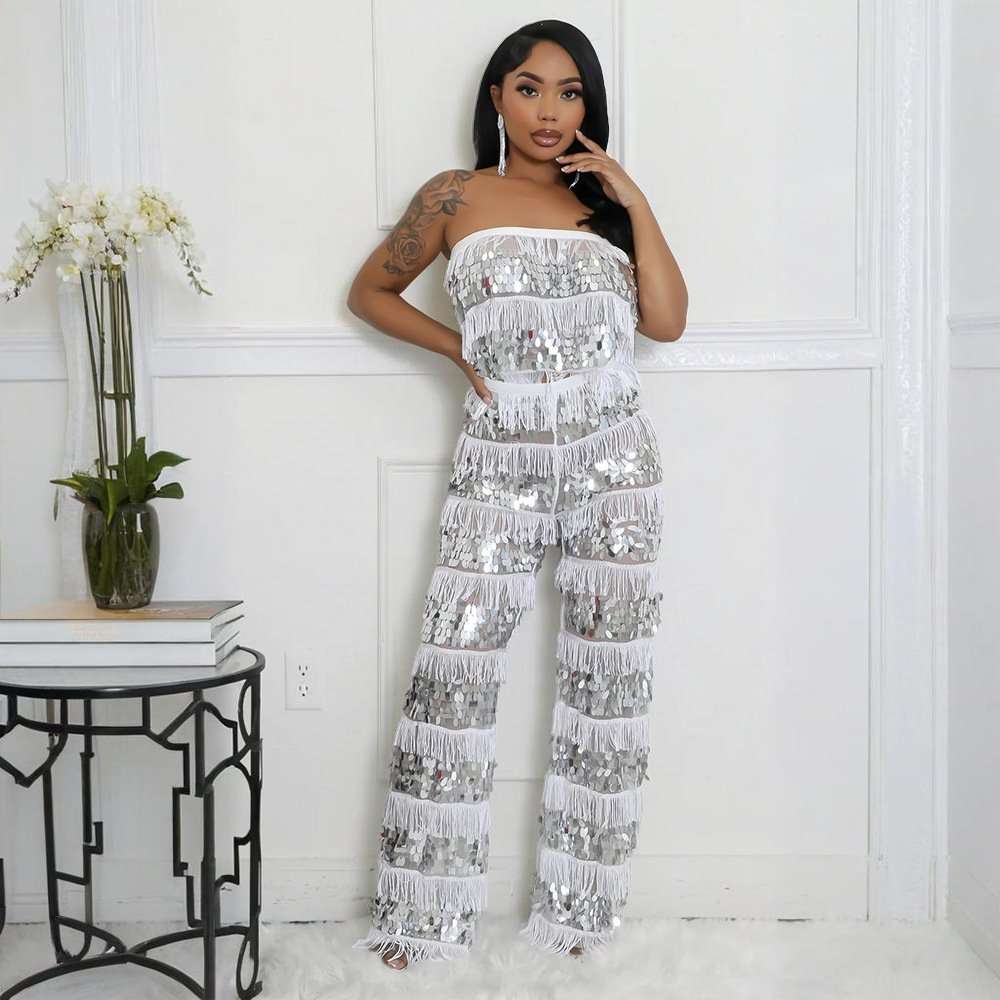 Sequin Fringe Top and Pants Set - S, White image