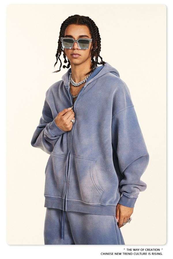 Distressed Oversized Zip-Up Hoodie - S, Ethereal Blue image