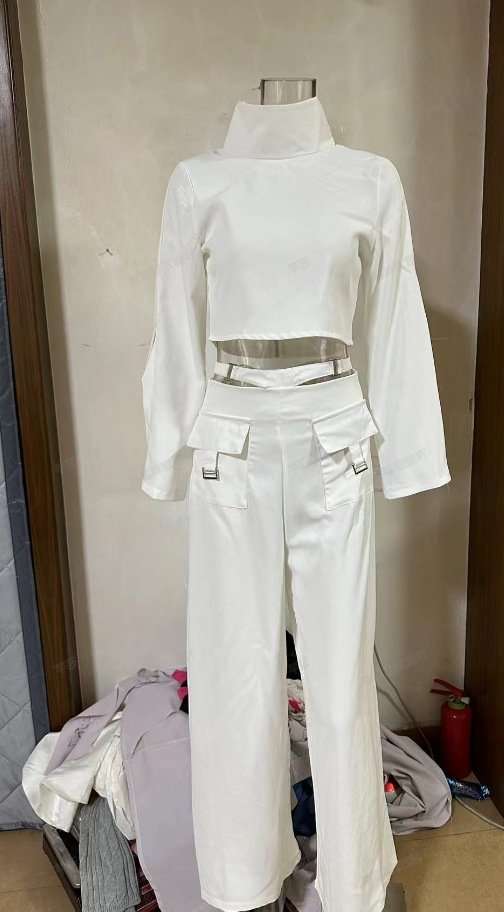 Button sleeve High Collar Top & Wide Leg Pants Sets image 3