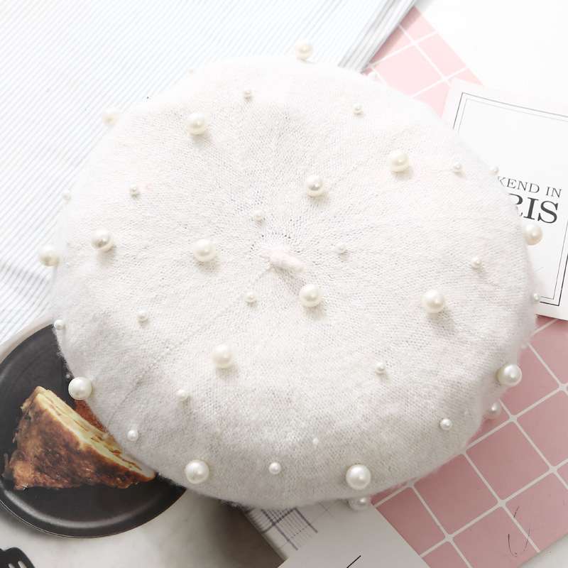 Embellishment Beaded Studs Crochet Cashmere Beret Cap - Free Size, White image